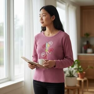 Vintage Disney Store Tinkerbell Waffle Knit Thermal Long Sleeve Top Large Pink